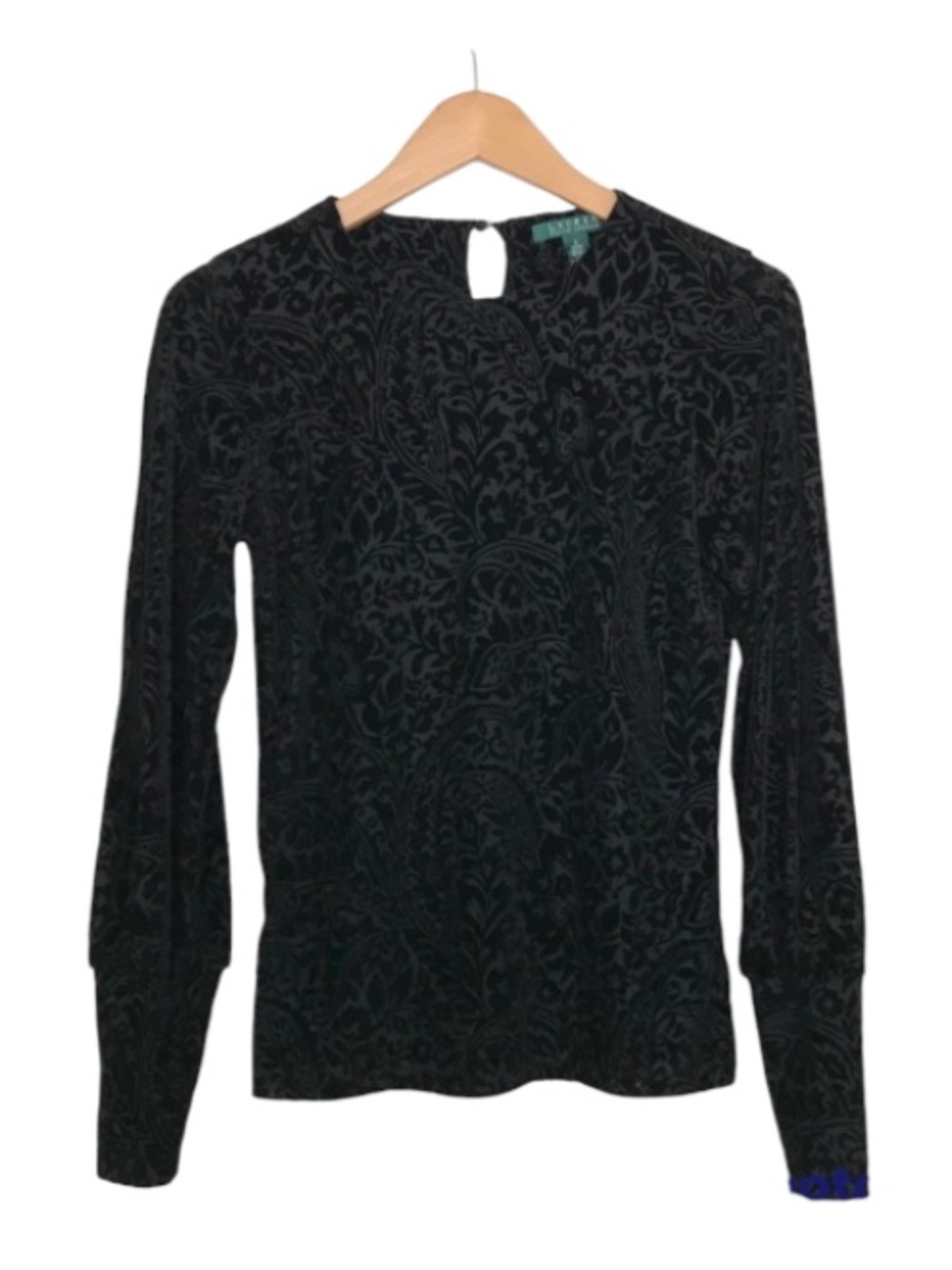 Lauren Ralph Lauren Velvet Floral Paisley Print Black Long Sleeve Top - Size S